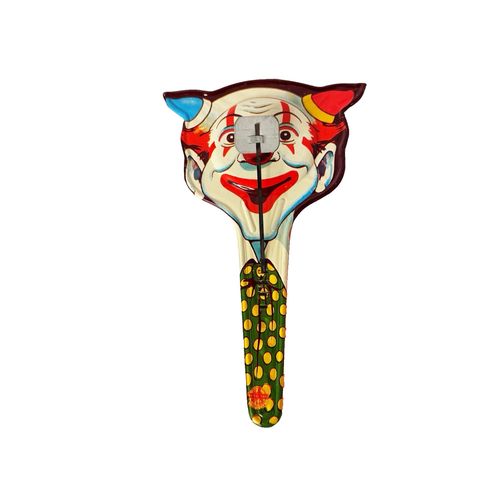 Vintage Litho Clacker Devil Clown Face Noise Maker Toy US Metal Toy Co.